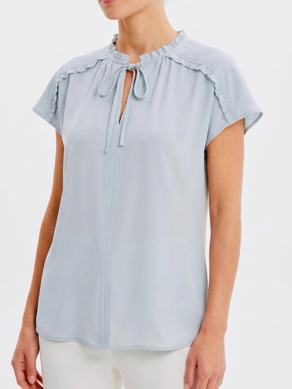 LOFT Silky Light Blue Tie Ruffle Neck Blouse w Semi-Sheer Back Flowy Summer Top